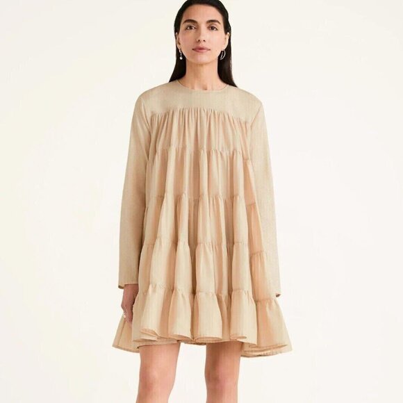 Merlette Soliman Mini Dress Beige Tiered Trapeze Long Sleeve Cotton M 272828